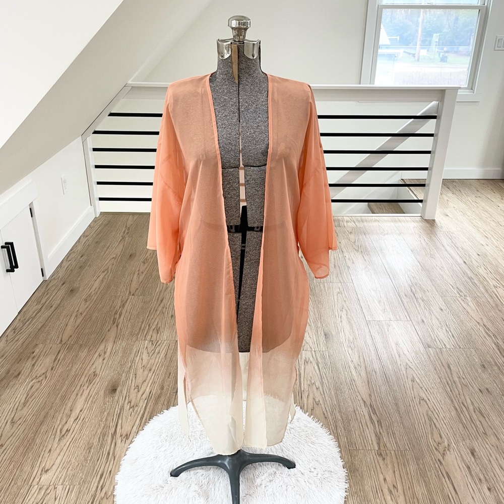 NWT ONE SIZE Coral orange cream tie sheer kimono beach cover up